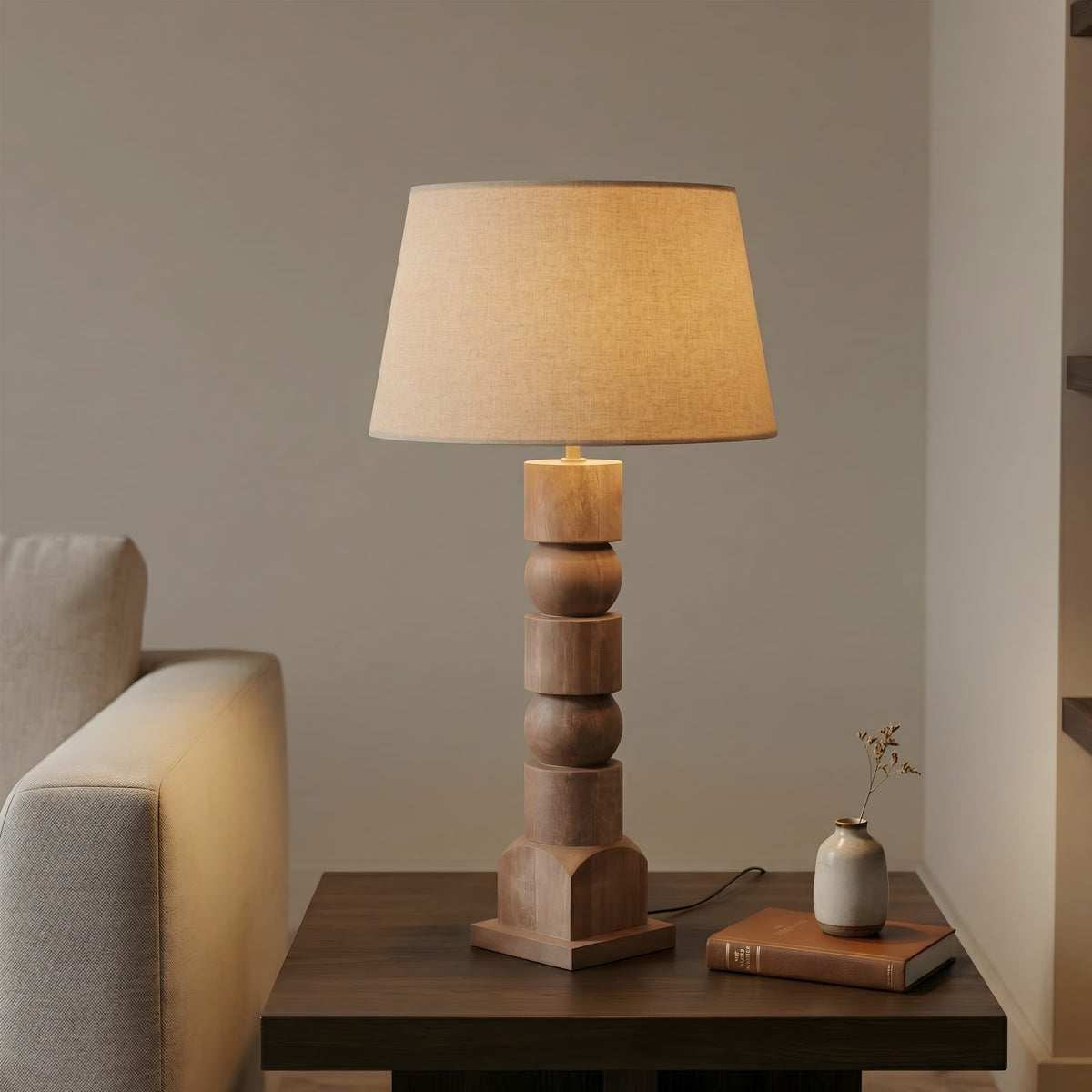Moro Geometric Totem Wooden Table Lamp, view 4, image 4