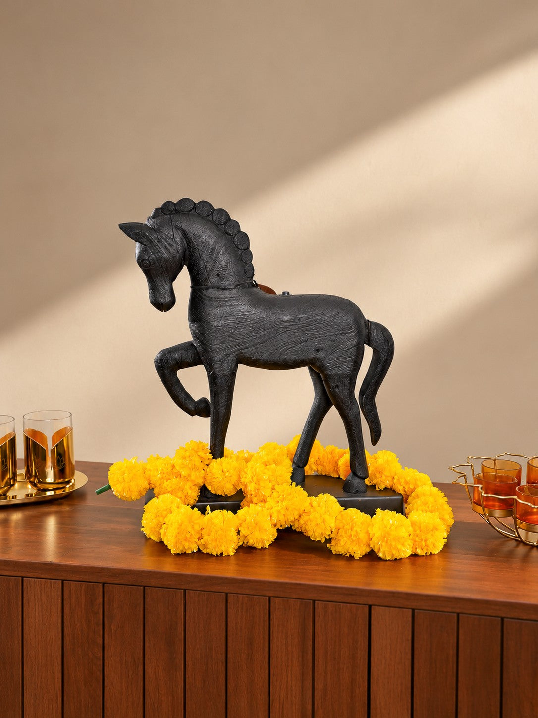 Mela Prancing Horse Sculpture styled with marigolds for Diwali, image 3